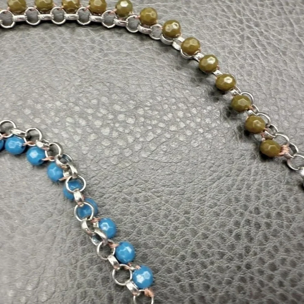 Lia Sophia Beaded Chain Necklace Silver Tone Blue Brown Faceted Beads 36 Inch
